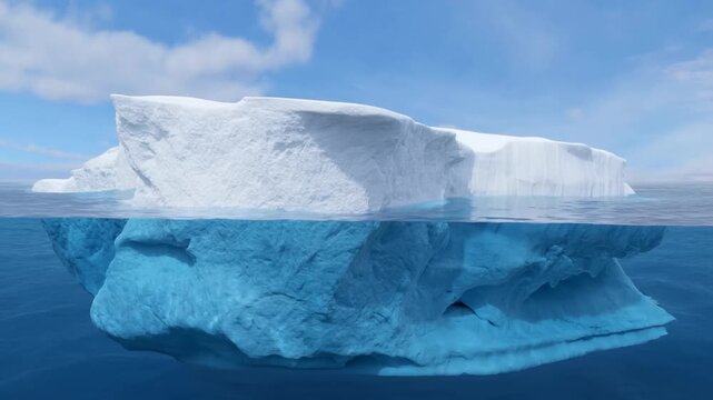 Panning shot of iceberg slowly revealing submerged mass beneath calm ocean surface in polar open sea under clear daylight sky