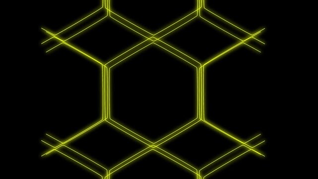 Hexagon Grid Illuminated with Glowing Yellow Lines on Black Background. Glowing lines form geometric patterns that pulse with energy