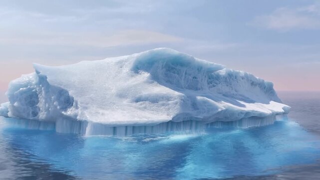 Slow dolly in of iceberg drifting and bobbing on calm ocean horizon in polar sea at sunrise with soft pastel sky and reflective water surface