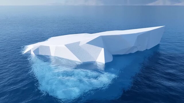 Aerial tracking shot of iceberg drifting in open ocean with churning turquoise water and visible submerged mass