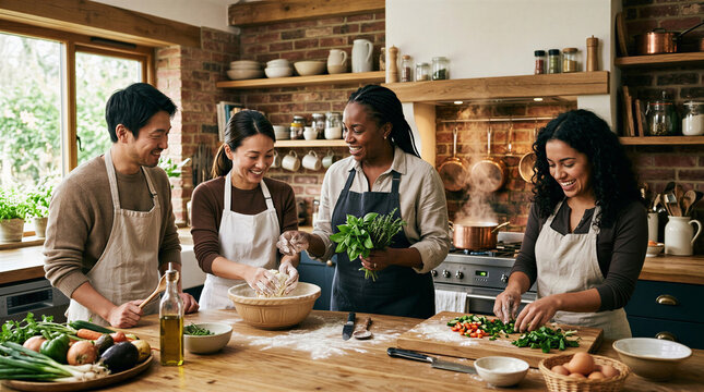Friends of different ethnicities preparing a healthy meal together in a cozy rustic kitchen.