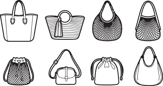 Black leather handbags set flat lay vector illustration Vector