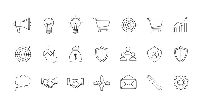 Business Icons Set: Idea, Target, Growth, Security, Shopping, Communication