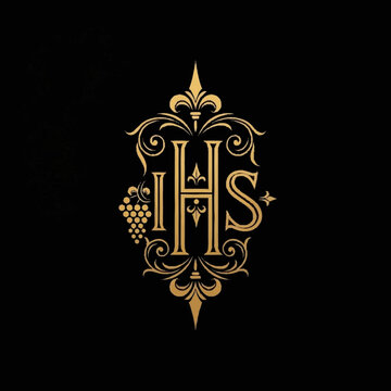 Elegant IHS Monogram with Grapes and Flourishes.