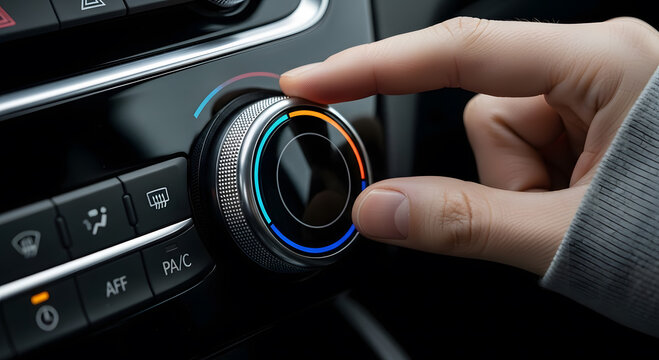 Finger adjusting a modern car's climate control dial with illuminated temperature settings for precise comfort adjustment in a vehicle interior.