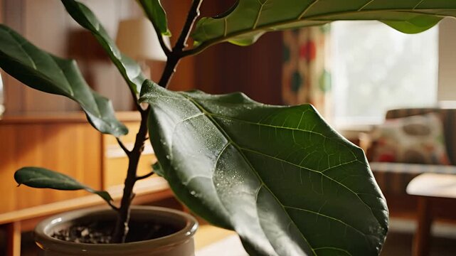 Fiddle Leaf Fig Plant in a Cozy Living Room with MidCentury Modern Furniture.