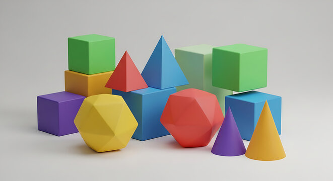 3D geometric shapes, including cubes, cones, and polyhedrons, displayed in various colors