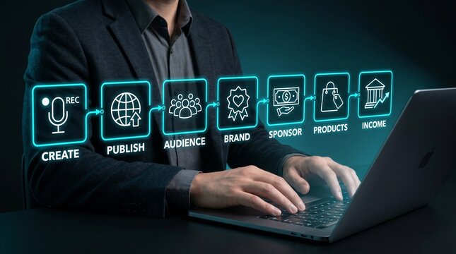 A businessman sitting at a desk uses a laptop with a digital marketing flowchart displayed above the keyboard to illustrate the process of creating and monetizing online content