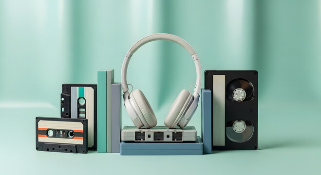 A nostalgic collection of retro audio and video cassettes with an 8-track tape and books, highlighted by modern headphones, evoking a blend of past and present media consumption.