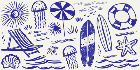 hand drawn beach elements with surfboards jellyfish and lifeguard ring high quality professional detailed modern © Bebdas