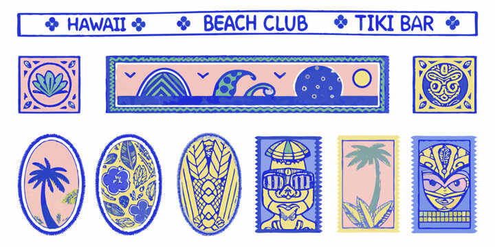 hawaiian themed decorative stamps with beach club and tiki bar designs high quality professional detailed