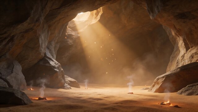 Cave interior with light beams and small fires