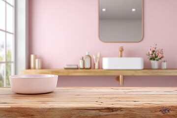 Fototapeta premium A modern bathroom interior showcases a pink-toned aesthetic with a wooden countertop, a sleek white sink, and a decorative bowl, creating a serene and stylish space.