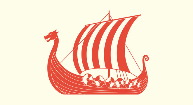 Red Viking Longship Silhouette Illustration with Dragon Prow and Striped Sail on Light Background