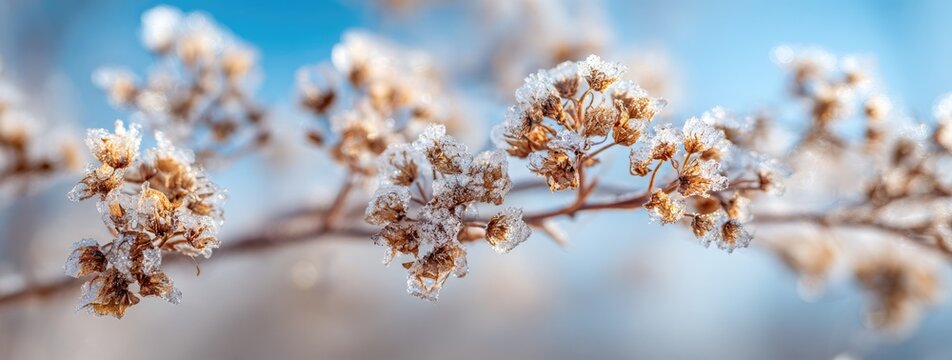 Delicate frost crystals adorn the withered seed heads of a plant branch against a serene blue sky.