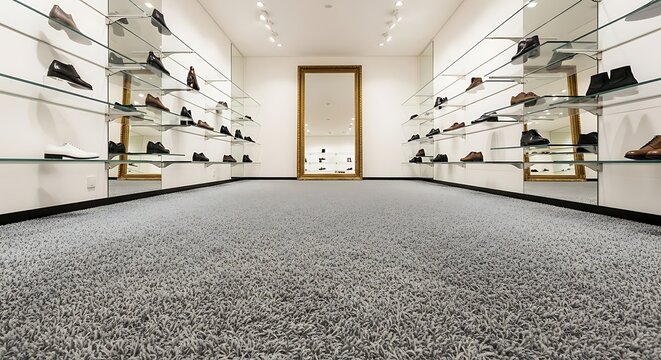 Modern retail shoe store interior with shelves displaying footwear and a large mirror reflecting the space, creating an elegant shopping environment.