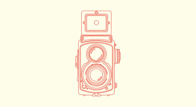 Vintage Twin Lens Reflex TLR Camera Minimalist Red Line Art Illustration on a Light Background.
