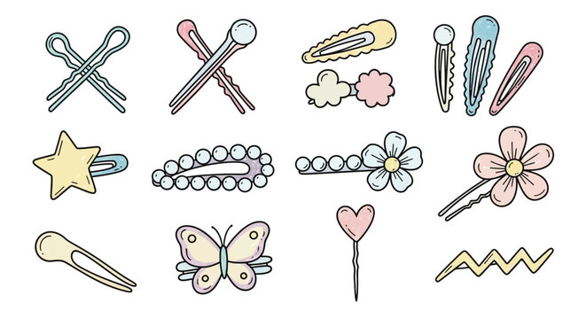 A collection of various pastel-colored doodle style hair clips and bobby pins.