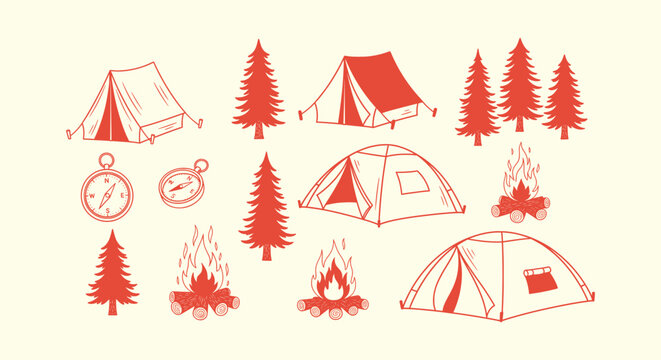 Vintage hand drawn camping and outdoor adventure set with tents pine trees compasses and campfires