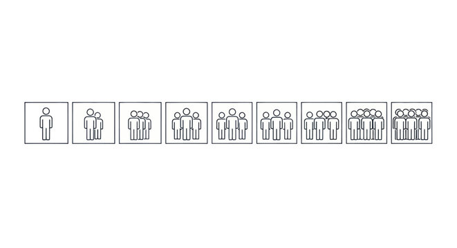 Set of line icons showing a growing crowd of people from one to many.