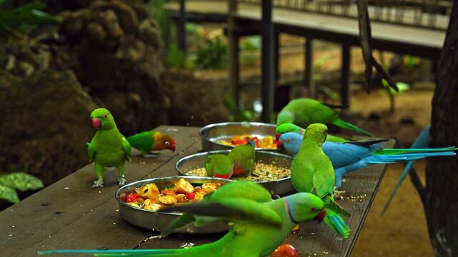 Group of colorful Rose-ringed parakeets and a blue parrot eating fresh fruit from bowls on a wooden table in a tropical sanctuary, Mauritius