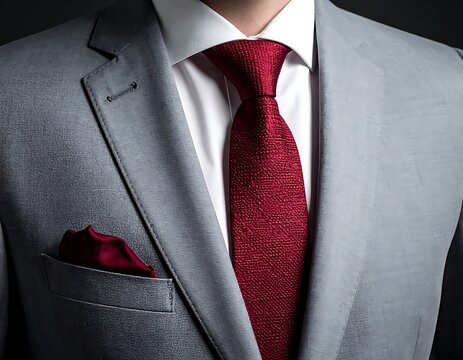 A man's torso in a light gray suit with a red tie