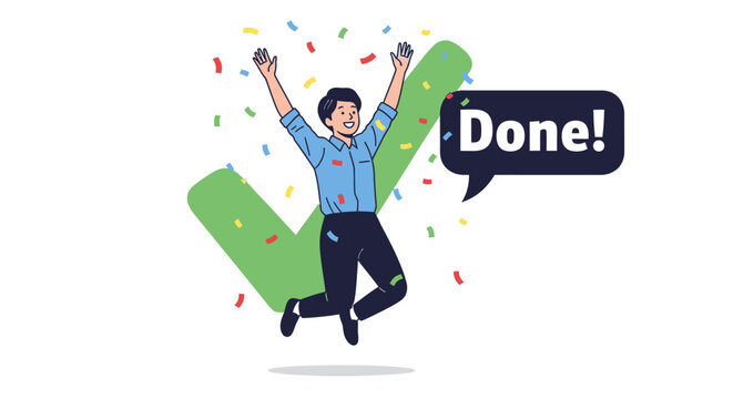 Man Celebrating with Confetti and Checkmark.