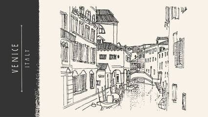 Venice Italy sketch postcard. Canal city, gondola boat, bridge, balcony houses, waterfront view. Mediterranean nautical scene. Vintage hand drawn vector illustration, line art, romantic poster bg © babayuka