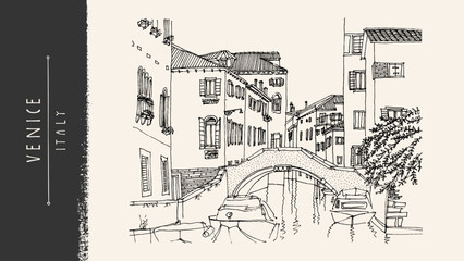 Venice Italy sketch postcard. Canal city, gondola boat, bridge, old street, waterfront view. Vintage handdrawn vector illustration, line art, romantic architecture, travel poster watercolor background © babayuka