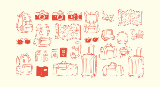 Collection of hand drawn travel icons including backpacks cameras luggage and maps in red doodle.