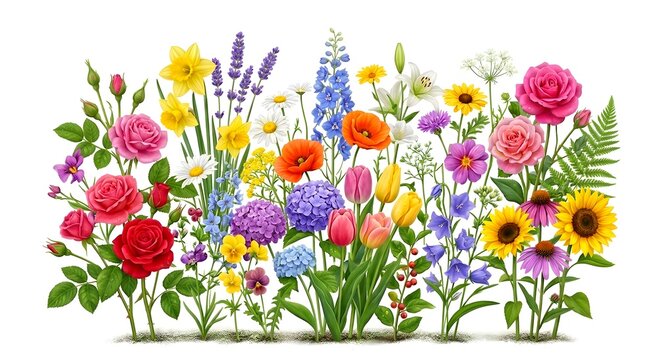 Colorful Summer Garden Flowers Border Illustration with Roses Sunflowers and Tulips Isolated on White Background