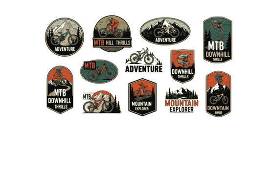 Downhill Mountain Bike Logo Sticker. Hand Drawn Adventure MTB Badge and Outdoor Label.