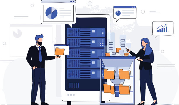 Business people managing server data sorting flat vector illustration