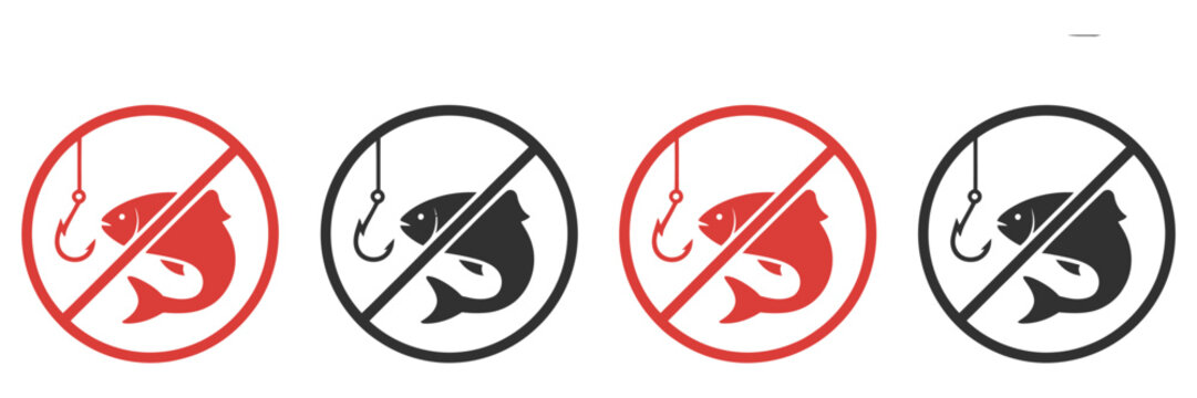 No fishing icon, prohibition fish hook graphics, ban warning silhouette symbols, restricted area sign, vector illustration