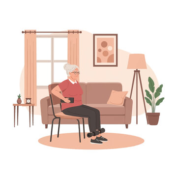 Senior woman with grey hair and glasses performing seated leg exercises on a chair in a cozy living room, using ankle weights and holding a small weight for home fitness.