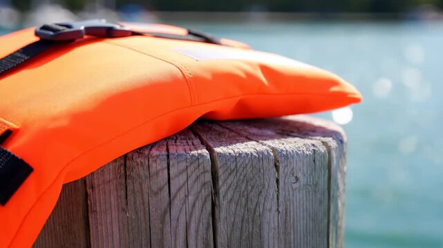 Close-up of an orange life jacket resting on a wooden dock piling. Personal flotation device for kayaking and boating with shimmering blue water background. Water sports safety gear concept