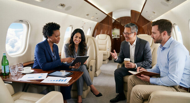 Group of business people having a meeting inside a private luxury jet.