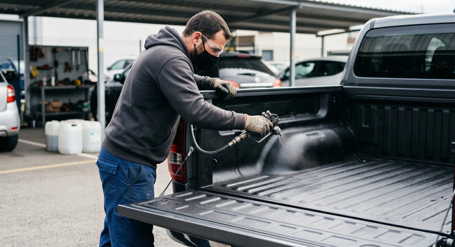 Professional worker applying protective coating to a pickup truck bed.