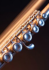 Fototapeta premium A detailed close-up of a silver transverse flute with dynamic motion blur and a warm soft glow reflecting off the polished metal keys, ethereal, musical instrument, woodwind