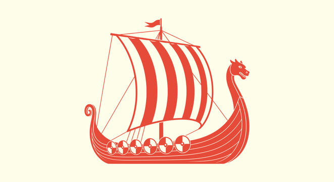 Viking Longship Drakkar Illustration with Dragon Head and Striped Sail Norse Ship Vector Graphic