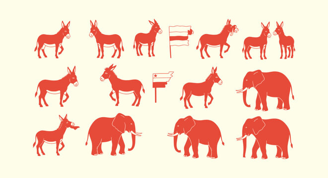 United States Political Symbols Donkeys and Elephants Red Silhouettes Graphic Design Illustration