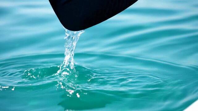 Carbon fiber kayak paddle blade dripping water in close-up. Wet sports gear lifting from clear turquoise ocean. Kayaking concept