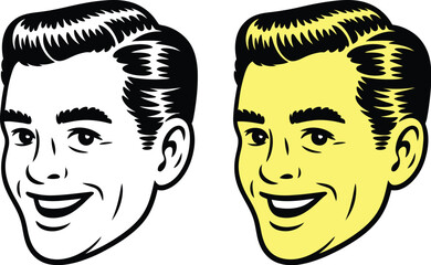 Retro male profile illustration, vintage cartoon heads in 1950s style smiling characters minimal black and white design isolated background © Laila