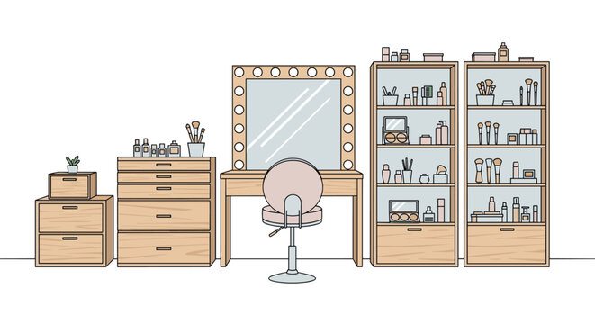 Professional beauty salon or dressing room with large vanity mirror, swivel chair, and cabinets filled with makeup products.