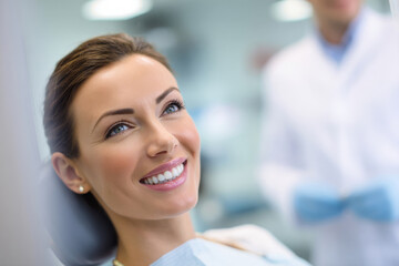 Fototapeta premium Woman looking in mirror and smiling showing teeth after dental treatment, dentist standing beside her, bright dental clinic interior, professional healthcare atmosphere,