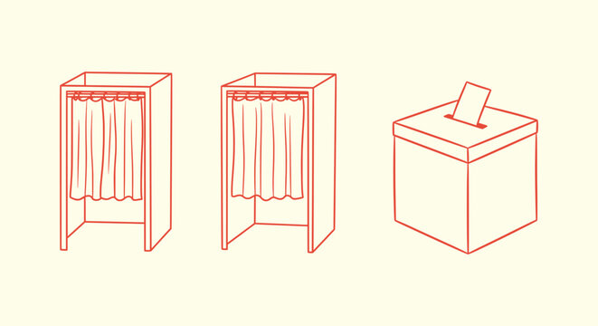Red line art drawing of two voting booths and a ballot box for democratic elections and politics.