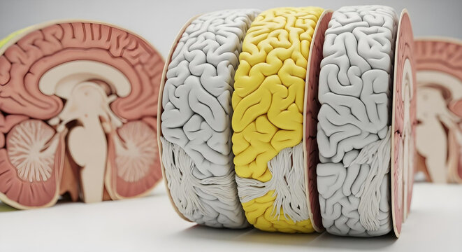 Anatomical cross-section model of the human brain showing distinct functional areas