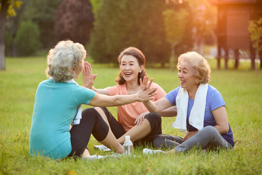 Senior female friends exercising in a park