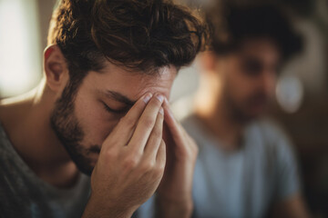Fototapeta premium Man pressing forehead with eyes closed in pain while friend sits beside him, cozy home interior softly blurred, natural window light,