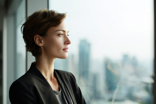 Confident businesswoman standing near office window looking forward, city skyline softly blurred in background, natural daylight illumination, professional corporate lifestyle scene, visual for social